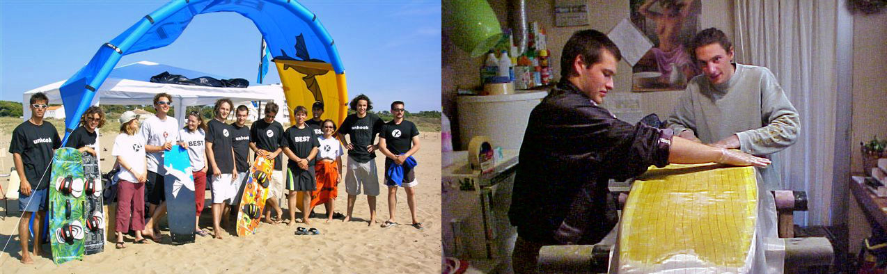 Greg Nicholls shapant une planche de kitesurf dans son garage avant la création de GlissEvolution